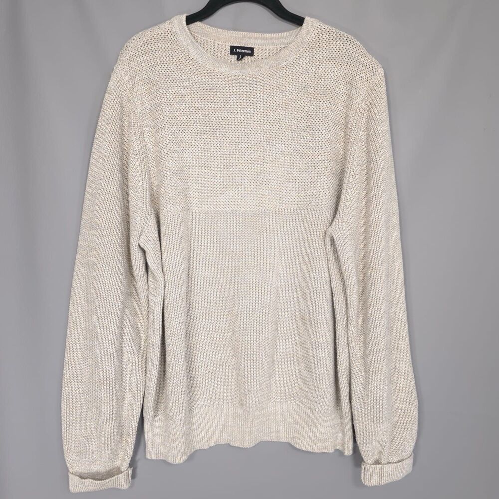 J. Peterman Men’s Beige Marled Knit 100% Cotton Sweater LARGE Crewneck Fisherman